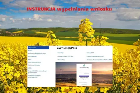 Instrukcja wypełniania wniosku eWniosekPlus. Widok ekranu z opcjami, w tym płatności bezpośrednie, na tle kwitnącego rzepaku.