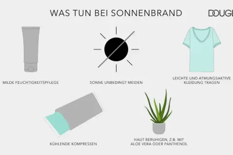Tipps bei Sonnenbrand: Sonne meiden, leichte Kleidung, kühle Kompressen und Hautpflege mit Aloe Vera oder Panthenol.