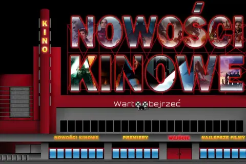 Neonowy szyld kina zapowiada film 2026. Widać napisy "NOWOŚCI KINOWE", "PREMIERY", "WEJŚCIE", "NAJLEPSZE FILMY".