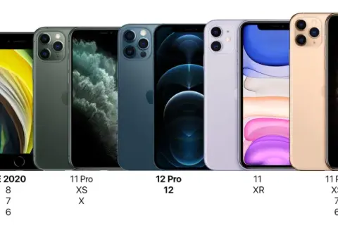 Comparaison de plusieurs modèles d'iPhone, du SE au 12 Pro Max. L'iPhone 12 pèse 164g.