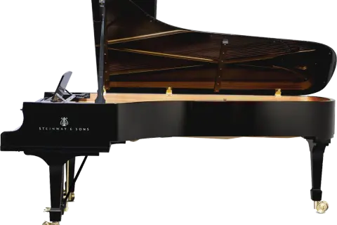 Czarny fortepian Steinway & Sons z otwartą klapą, ukazującą struny i drewniane wnętrze. Zastanawiasz się, ile kosztuje fortepian Steinway?