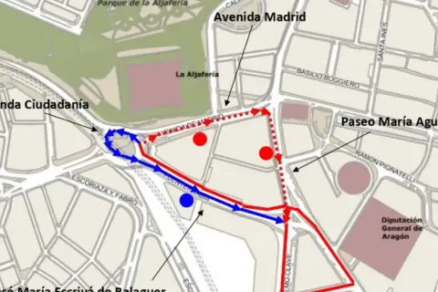 Mapa de rutas en Zaragoza, mostrando el Paseo María Agustín, Avenida Madrid y Rotonda Ciudadanía.