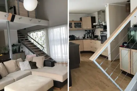kleines wohnzimmer vorher-nachher: gemütliche Couch, Treppe, Aquarium und Küche.