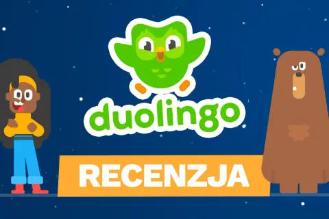 Sowa z Duolingo i jej przyjaciele zapraszają na recenzję aplikacji.