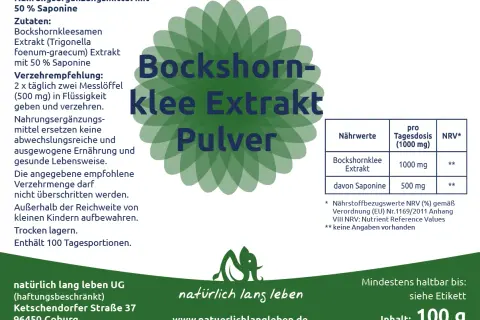 Bockshornklee Extrakt Pulver: 2 Messlöffel (500 mg) täglich in Flüssigkeit einnehmen. Enthält 100 Tagesportionen.