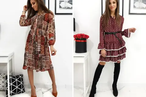Dwie kobiety w sukienkach. Jedna w stylu vintage, w patchworkowy wzór, druga w grochy z falbankami.