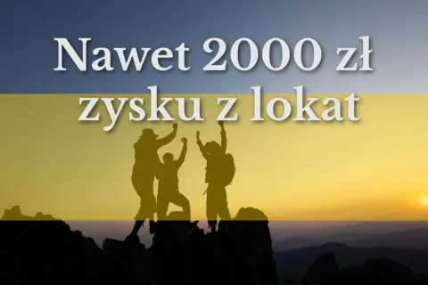 Trzy osoby świętują na szczycie góry, ciesząc się zyskiem z lokat. Czy to inbank co to za bank?