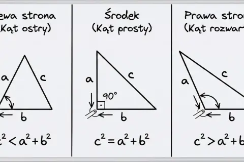 Trzy trójkąty ilustrują twierdzenie odwrotne do twierdzenia Pitagorasa: ostrokątny (c² < a²+b²), prostokątny (c² = a²+b²) i rozwartokątny (c² > a²+b²).