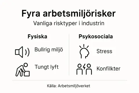 Fyra arbetsmiljörisker: bullrig miljö, tungt lyft, stress och konflikter. Ett mto perspektiv på vanliga risker i industrin.