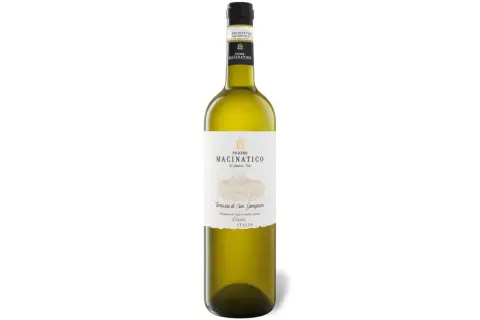Flasche hellgrünen Weins, "Vernaccia di San Gimignano" von Podere Macinatico, ein toskanischer Wein aus Italien.