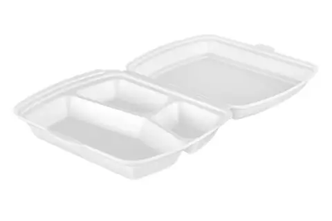 Biały, otwarty styrobox z trzema przegródkami, idealny na posiłki na wynos.