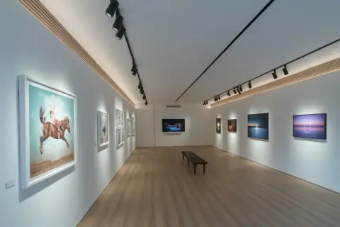 Galeria sztuki z nowoczesnym oświetleniem obrazów. Widać dzieła z jeźdźcem na koniu i krajobrazy.