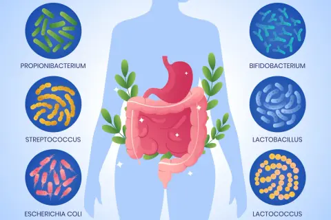 Illustrazione del corpo umano con dettagli su stomaco e intestino, circondato da diverse specie batteriche che compongono il microbiota intestinale.
