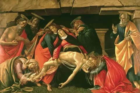 Opłakiwanie Chrystusa, scena pełna bólu i żalu, ukazuje głębokie motywy biblijne. Postacie otaczają martwe ciało, wyrażając swój smutek.