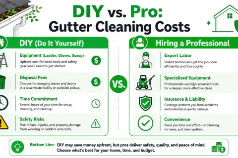 Infographic comparing DIY vs. Pro gutter cleaning costs, covering equipment, disposal, time, safety, labor, and convenience. Learn how to clean gutters effectively.