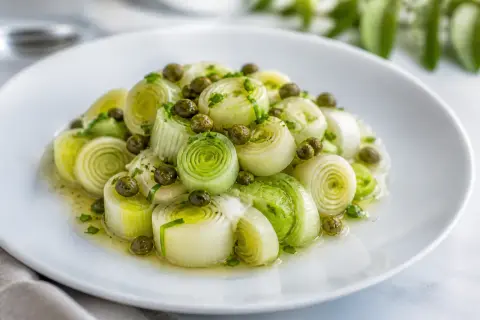 Poireaux vinaigrette, coupés en tronçons, nappés d'une sauce légère et parsemés de câpres. Un plat frais et savoureux.