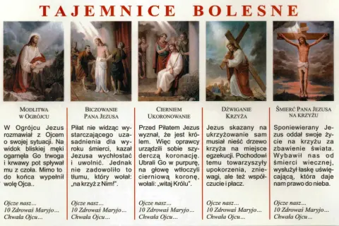Różaniec tajemnica bolesna: modlitwa w Ogrójcu, biczowanie, cierniem ukoronowanie, dźwiganie krzyża, śmierć na krzyżu.
