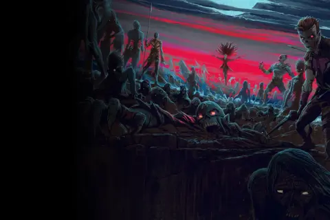 Apokalipsa w Millhaven: horda zombie z czerwonymi oczami i zmutowanymi postaciami na tle krwawego nieba.