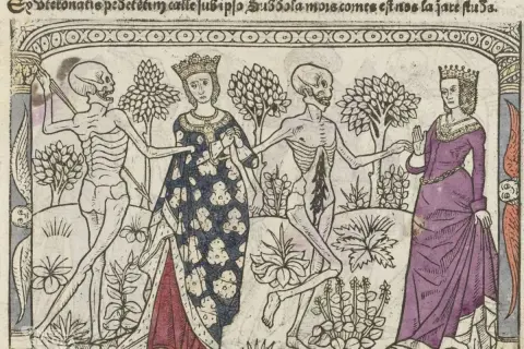 Taniec śmierci, motyw danse macabre w literaturze, ukazuje szkielety wiodące do tańca królową i damę.
