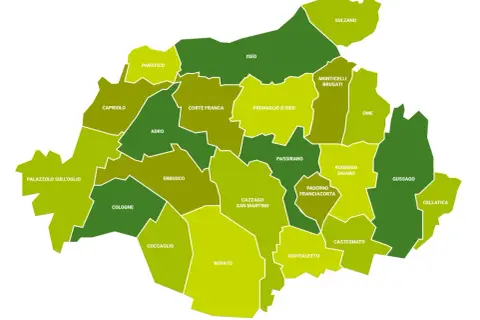Mappa dei comuni della Franciacorta, dove si trova questa rinomata zona vinicola.