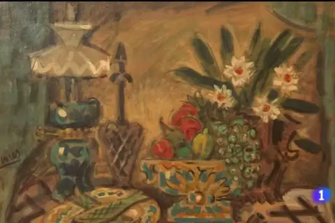 Naturaleza muerta con flores y frutas, obra del pintor Pedro Flores.