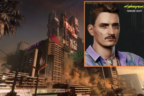 Dawid Podsiadło w stylu cyberpunk, na tle futurystycznego miasta z neonowym hotelem.
