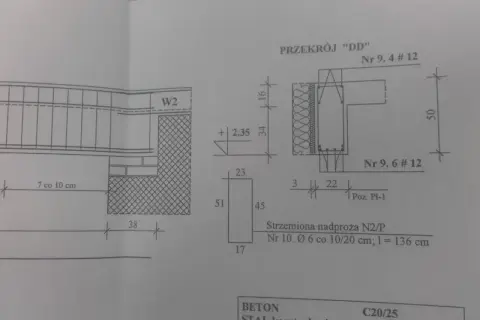 Rysunek techniczny przedstawia zbrojenie nadproża, detale konstrukcyjne i przekroje.