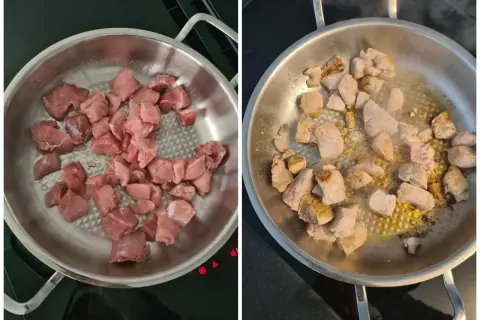 Rohes und angebratenes Schweinefleisch in einer Pfanne. Die Zubereitung für ein leckeres Schweinegulasch Rezept beginnt.