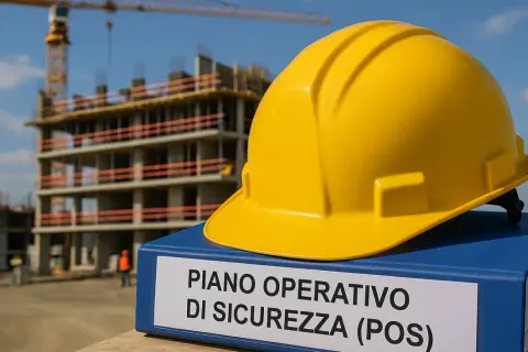 Elmetto giallo su un faldone con scritto "PIANO OPERATIVO DI SICUREZZA (POS)" in un cantiere edile in costruzione.