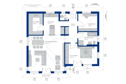Grundriss Haus 100 qm 2 Etagen: Wohnen/Essen (38m²), Kochen (12m²), Schlafen (18m²), Arbeiten (10m²), Bad, WC, Technik.