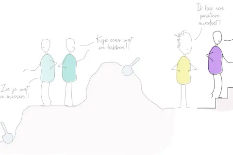 Twee figuren graven een gat, terwijl een ander met een positieve mindset op weg is naar oplossingen. Ik haat mezelf, maar zie de vooruitgang.
