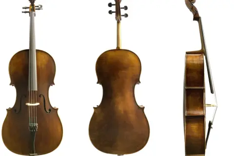 Drei Ansichten eines wunderschönen, braunen Violoncello-Instruments.