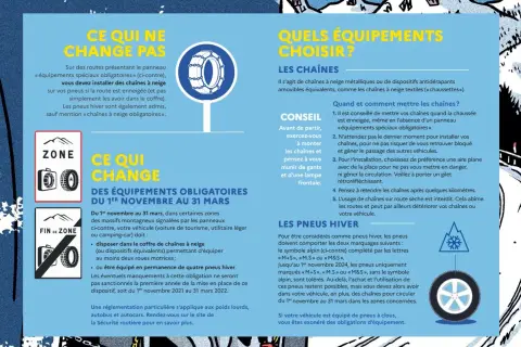Panneau signalant l'obligation de chaînes ou pneus hiver en montagne, une mesure de la loi montagne.