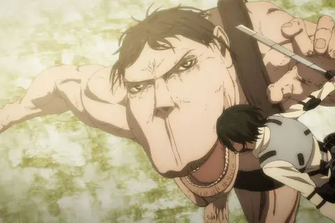 Ein Titan aus Attack on Titan greift an, während ein Soldat mit seinem Schwert versucht, sich zu verteidigen.