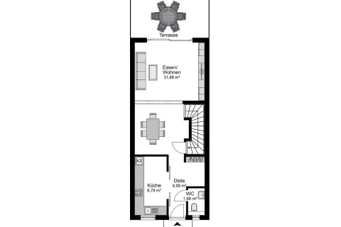 Grundriss eines schmalen Doppelhauses (6m breit) mit Küche, Diele, WC, Ess-/Wohnbereich und Terrasse.