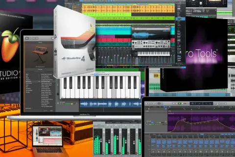 Kolaż przedstawiający ekrany różnych programów typu digital audio workstation, takich jak FL Studio, Studio One i Pro Tools, z widocznymi ścieżkami audio i wirtualnymi instrumentami.