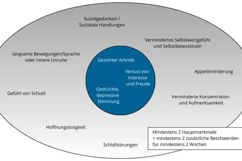 Diagramm zeigt Symptome eines depressiven Schubs: gedrückte Stimmung, Antriebslosigkeit, Suizidgedanken, Schlafstörungen, Appetitminderung, Hoffnungslosigkeit.