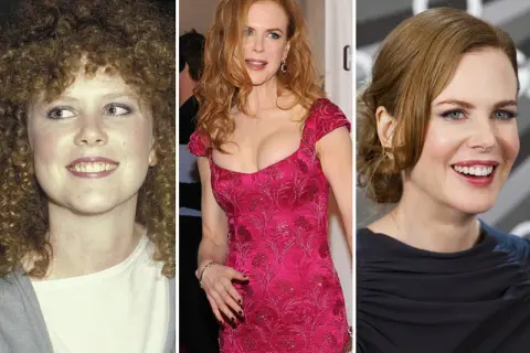 Nicole Kidman jung mit lockigen Haaren, dann in einem pinken Kleid und schließlich mit hochgesteckten Haaren.
