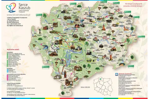 Mapa pokazuje, gdzie są Kaszuby, z zaznaczonymi szlakami rowerowymi, kajakowymi i pieszymi w powiecie kościerskim.