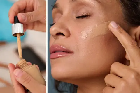 Bielenda Skin Perfection: aplikacja podkładu z pipetką i rozprowadzanie go palcem na twarzy dla idealnego krycia.