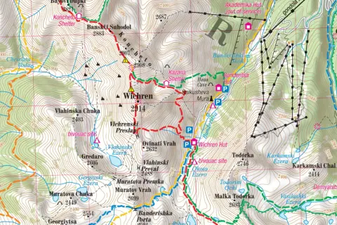 Mapa topograficzna gór w Bułgarii, z zaznaczonym szczytem Wichren (2914 m) i szlakami turystycznymi.