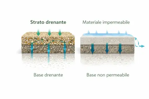 Confronto tra calcestruzzo drenante e materiale impermeabile: la stratigrafia mostra come l'acqua penetri nel primo e venga deviata nel secondo.