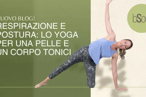 Donna in posa yoga, con enfasi su postura e respirazione per un corpo tonico.