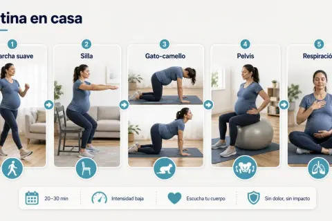 Rutina en casa: marcha suave, sentadillas, gato-camello, pelvis y respiración. Ejercicios para embarazadas de baja intensidad.