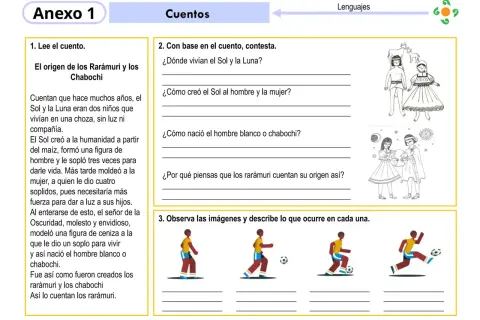 Actividad de comprensión lectora 4 primaria para imprimir. El Anexo 1 presenta un cuento sobre el origen de los Rarámuri y Chabochi.