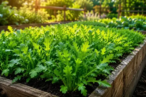 Un orto rialzato pieno di giovani piantine di lattuga, illuminate dalla luce dorata del sole. La semina lattuga è appena iniziata.