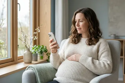 Gravid kvinna med synbortfall sitter i en fåtölj och tittar på sin mobiltelefon.
