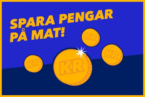 Spara pengar på mat! Guldmynt med KR-symbol lyser upp bilden.