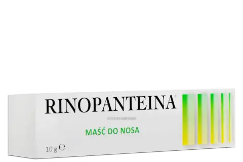 Opakowanie maści do nosa Rinopanteina, 10 g. Pomaga przy suchości i podrażnieniach nosa.