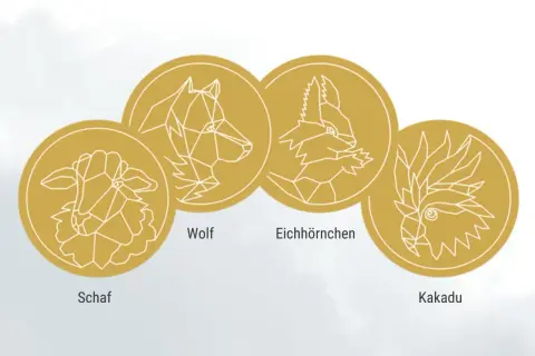 Vier goldene Münzen mit stilisierten Tierköpfen: Schaf, Wolf, Eichhörnchen und Kakadu. Ein visueller Hinweis für mein Charaktertest.